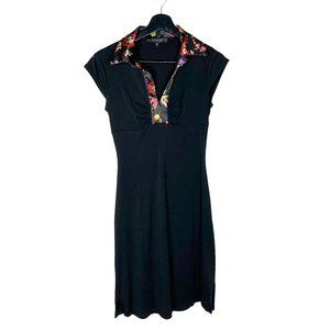 Vintage 90s Rampage Black Fit Flare Asian Print Trim Collared Knee Length Dress